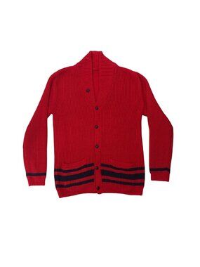 Red Knit Button-Up Cardigan With Black Stripes Long Sleeves & Front Pockets
